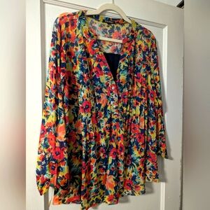 Roz & Ali Floral V-Neck Button Front Blouse - Yellow Multi